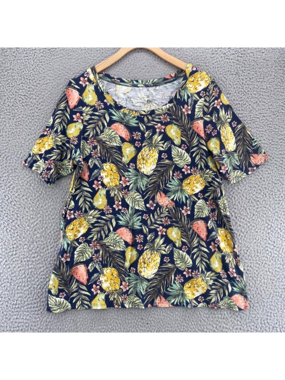 J Jill Top Womens Medium Green Fruit Floral Pima Cotton Scoop Neck Elbow Sleeve
